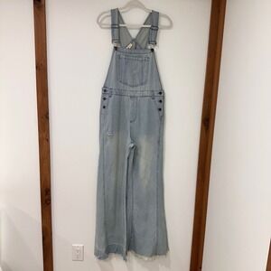 Aaron & Amber Distressed Flare Denim Overalls Womens Size L Light Wash | Boho